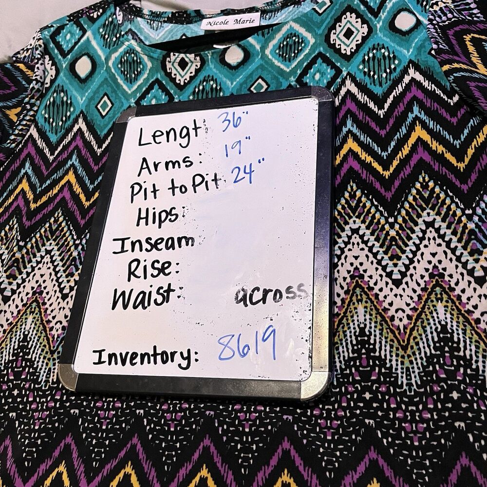 Nicole Marie Blue Teal Black Chevron Geometric Shark Bite Hem Top Womens Size XL - Picture 13 of 13